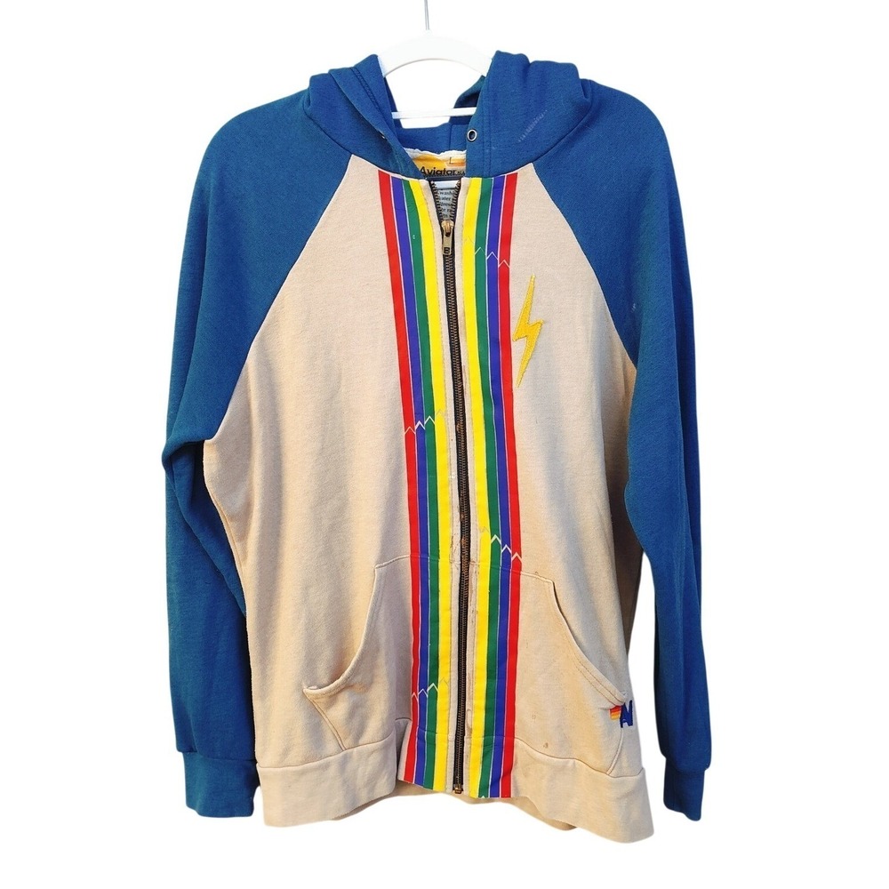 Aviator‎ Nation 5-Stripe Lightning Bolt Zip Up Hoodie Blue Cream Unisex Large